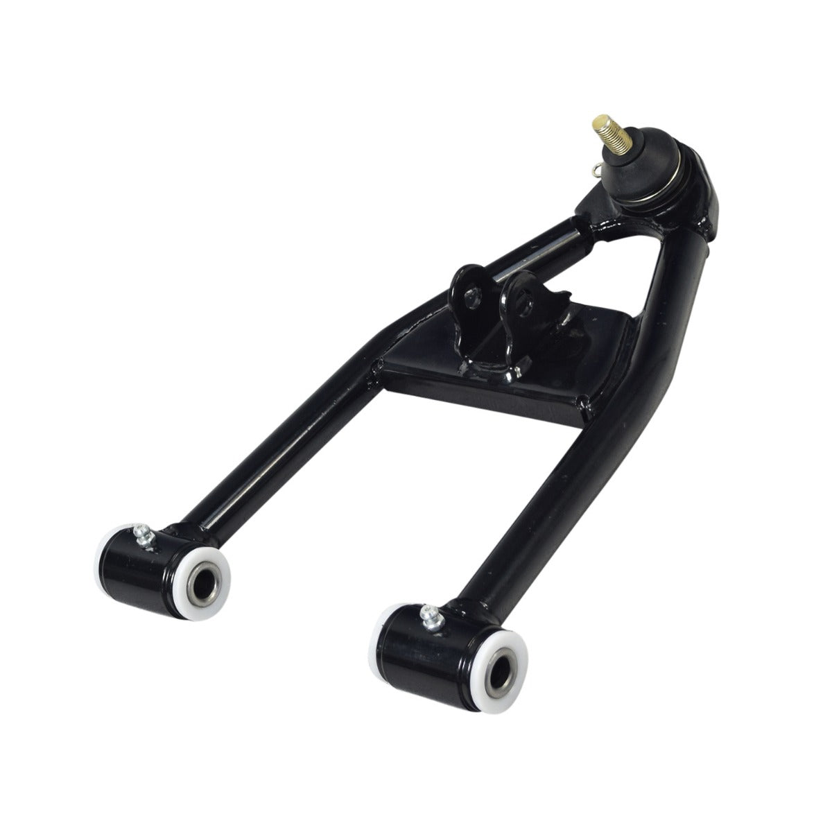 Lower A-Arm for the Coleman AT200-B ATV, featuring a black enameled steel arm with white rubber wheels, pre-installed bushings, spacers, and grease fittings, essential for steering and suspension.