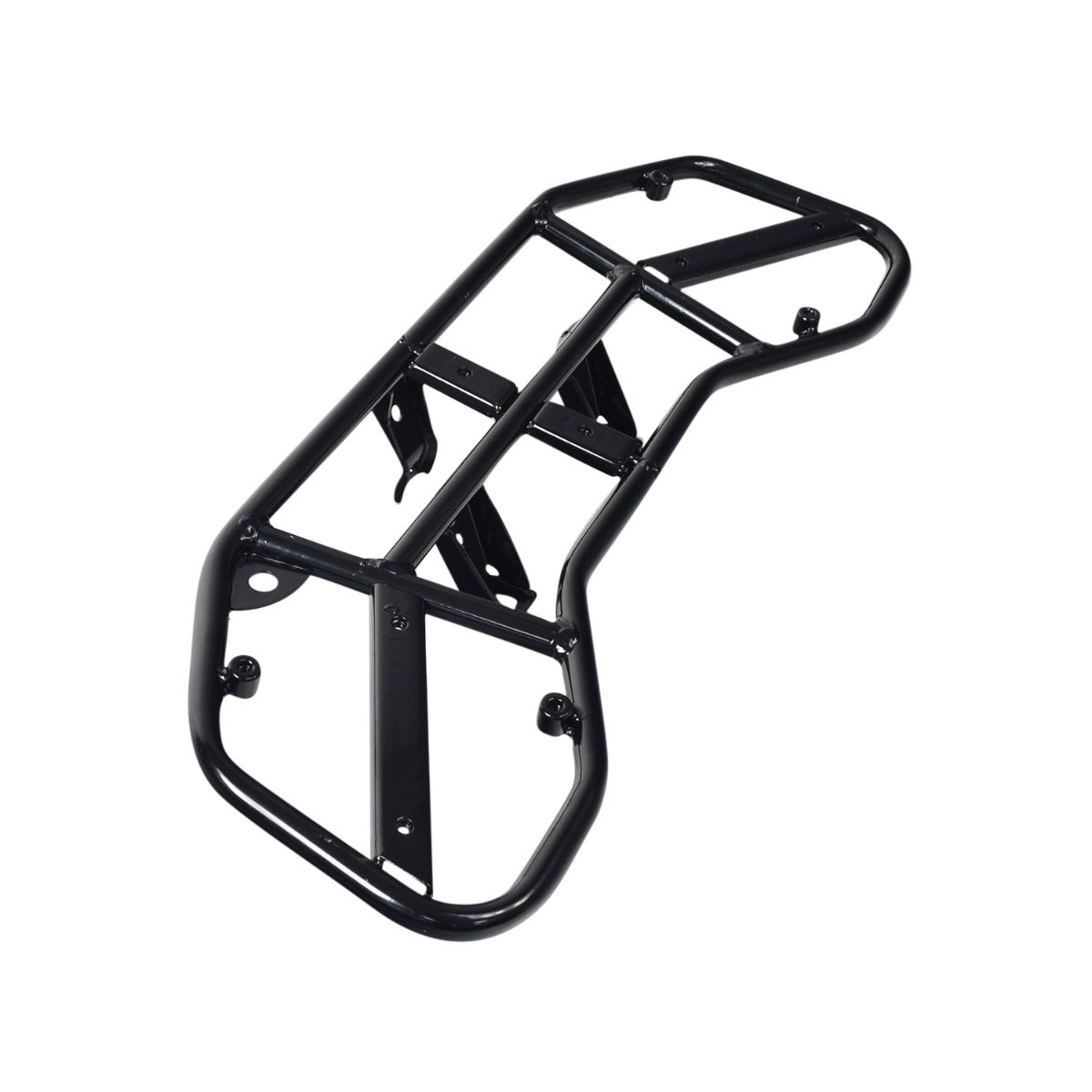 Steel Cargo Rack for the Coleman AT125-EX ATV, featuring a black metal frame with multiple mounting holes and brackets, designed for securing cargo like coolers and tarps on the ATV's rear.