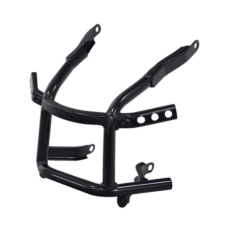 Front Guard Steel Frame for Coleman AT125-EX ATV, featuring a black metal frame with holes, designed to protect the ATV from trail mishaps. Made of 1/2 welded steel tubing with a black enamel finish.