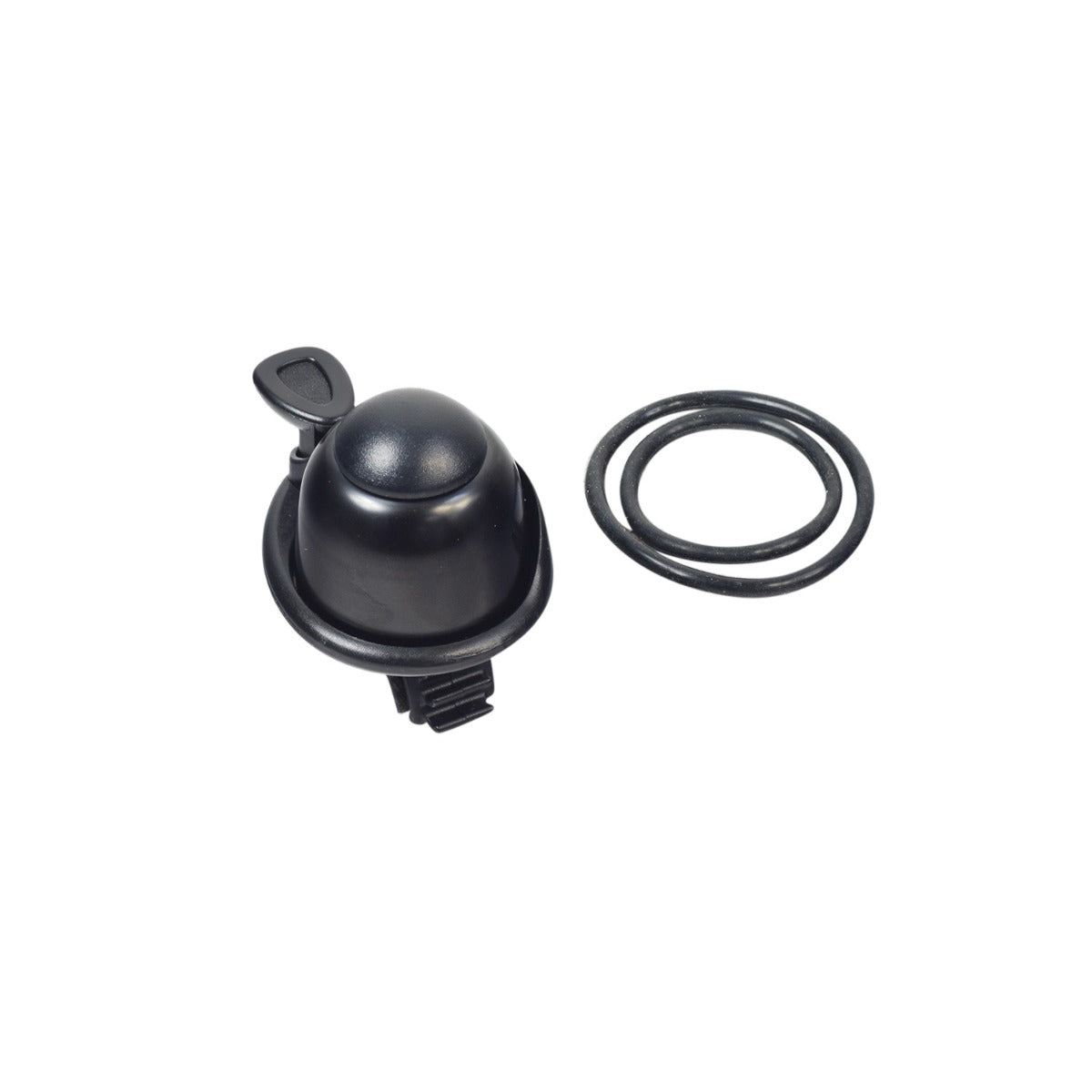 Handlebar Bell for Ninebot by Segway Electric Scooters, featuring a black bell with a handle, mounted using black rubber O-rings for universal compatibility on scooter handlebars.