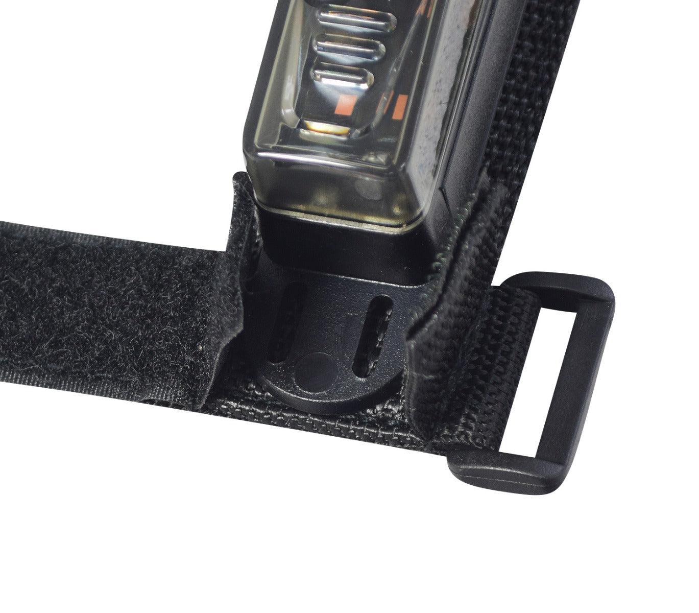 Roll Bar Mount LED Light for TaoTao Go-Karts: A black strap with a clear LED light and black buckle, designed for easy roll bar mounting, enhancing visibility and safety without wiring.