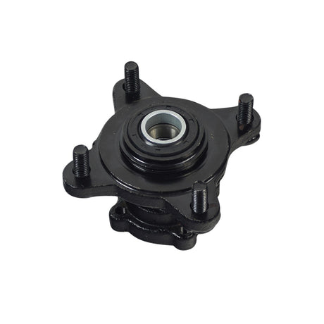 Front Wheel Hub for the Coleman AT125-EX ATV, featuring a black metal object with a round center, four threaded studs, and bolt holes for mounting the brake disc.