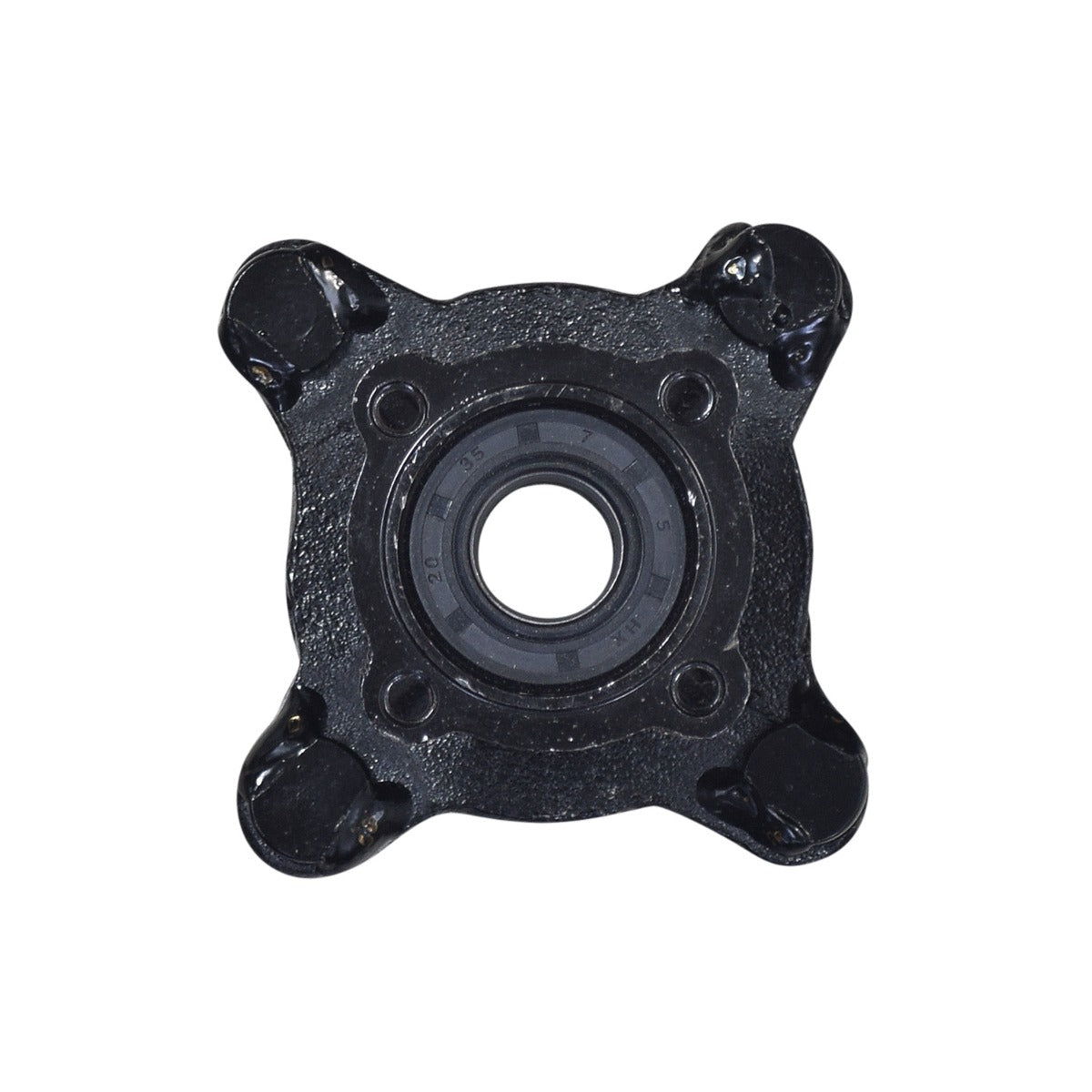 Front Wheel Hub for the Coleman AT125-EX ATV, featuring a black metal structure with a central hole, threaded studs, and bolt holes for mounting the front rim and brake disc.