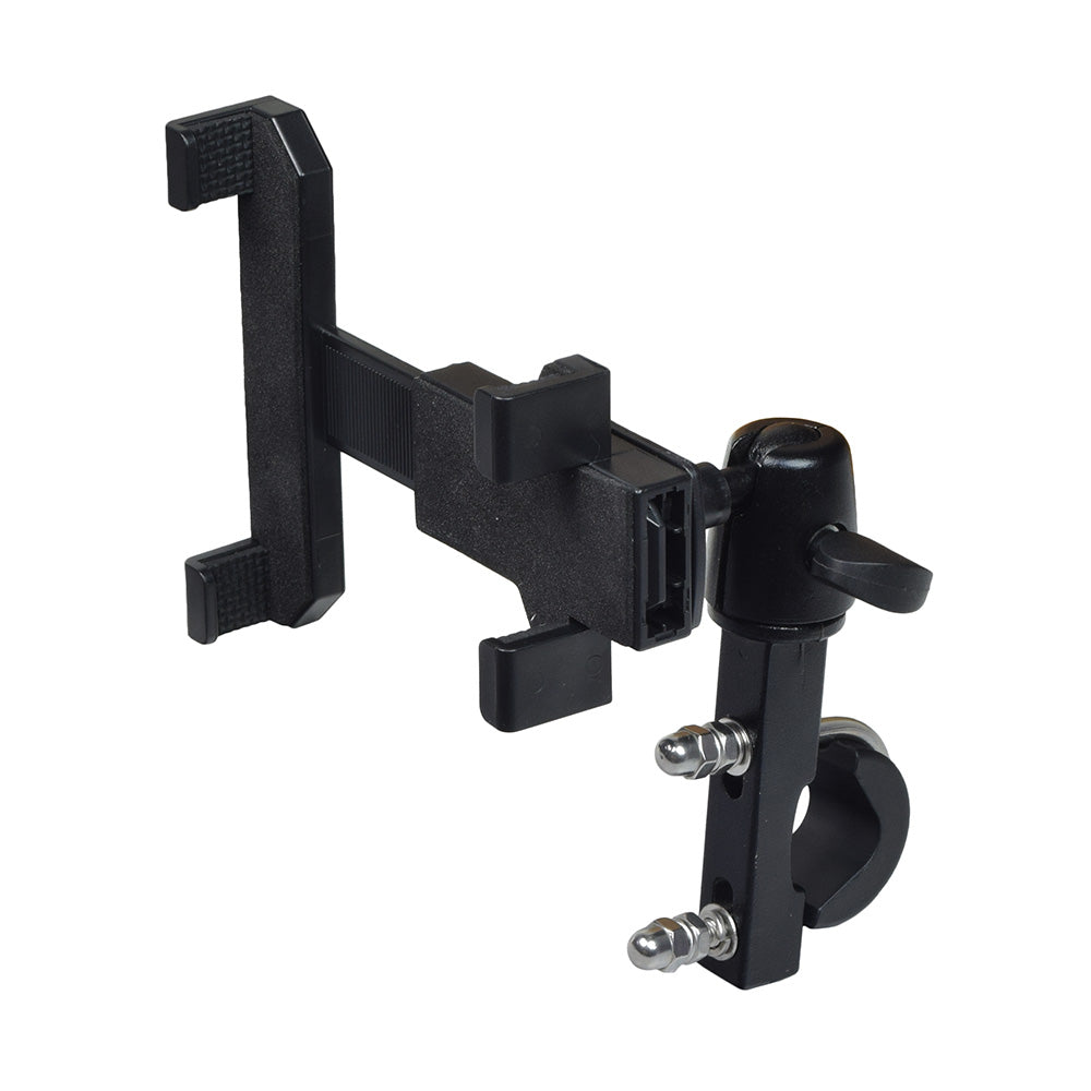 Universal Grip Tablet Holder for Mobility Scooters, Power Chairs, & Wheelchairs, featuring adjustable wings and a secure locking mechanism, mounted on a handlebar tiller or armrest frame.