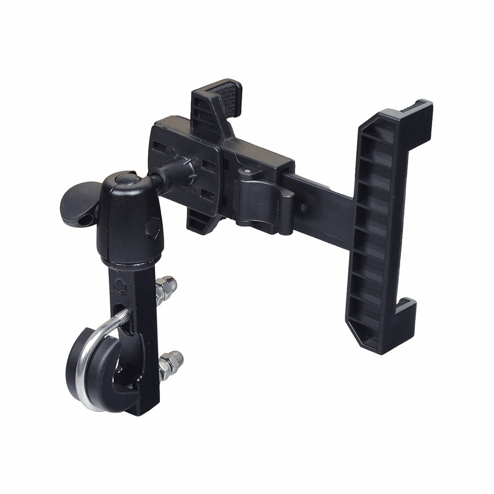 Universal Grip Tablet Holder for Mobility Scooters, Power Chairs, & Wheelchairs featuring a black plastic frame with a metal wheel, adjustable wings, and protective padding for secure and versatile mounting.