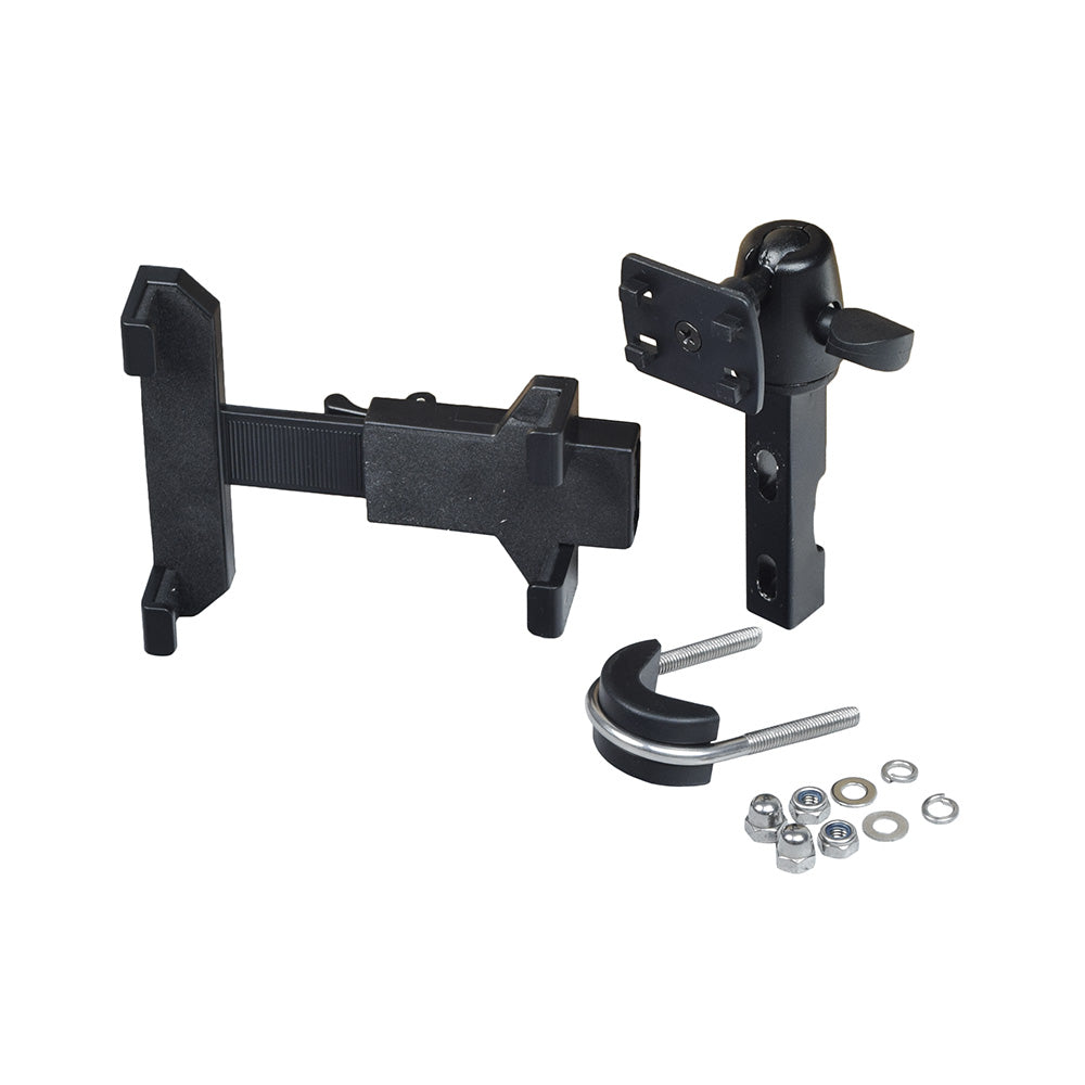 Universal Grip Tablet Holder for Mobility Scooters, Power Chairs, & Wheelchairs featuring adjustable wings, a metal clamp, screws, bolts, and a protective pad for secure mounting on various devices.