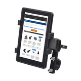 Universal Grip Tablet Holder for Mobility Scooters, Power Chairs, & Wheelchairs pictured with a mounted tablet, featuring adjustable wings and a protective pad for secure and safe device placement.