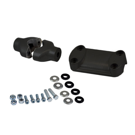 Handlebar Bracket Kit for the Baja Mini Bike (MB200), featuring a black plastic object with screws and bolts, including both upper and lower pieces.