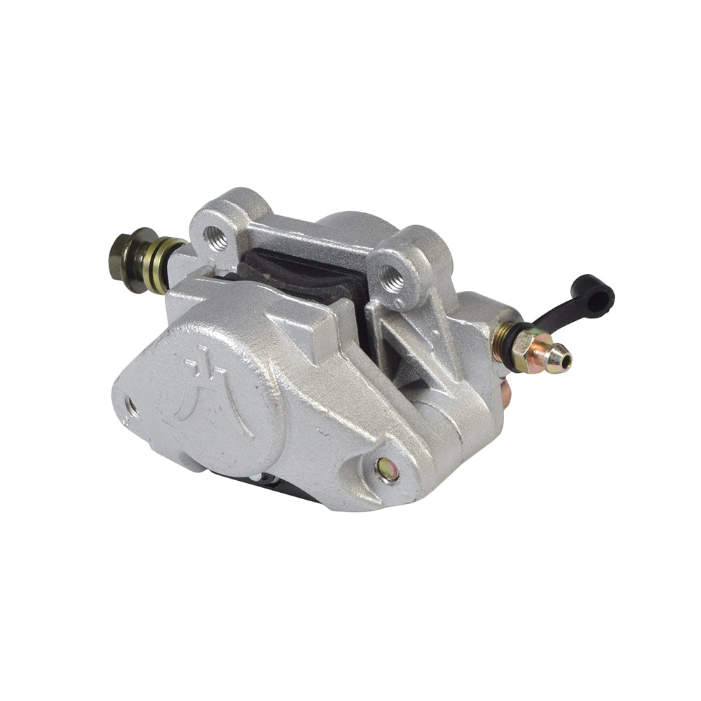 Brake Caliper with Pads for ATVs, Dirt Bikes, & Go-Karts, featuring a robust silver metal caliper and black rubber pad, attached to a black hose.