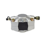 Brake Caliper with Pads for ATVs, Dirt Bikes, & Go-Karts, featuring a robust silver metal body with black rubber elements and visible screws.