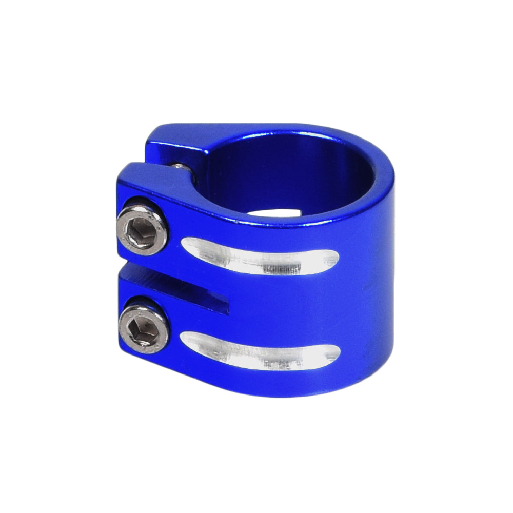 31.8 mm Double Head Collar Clamp for Scooters, featuring blue metal with silver screws, designed for a secure fit on kick scooters.