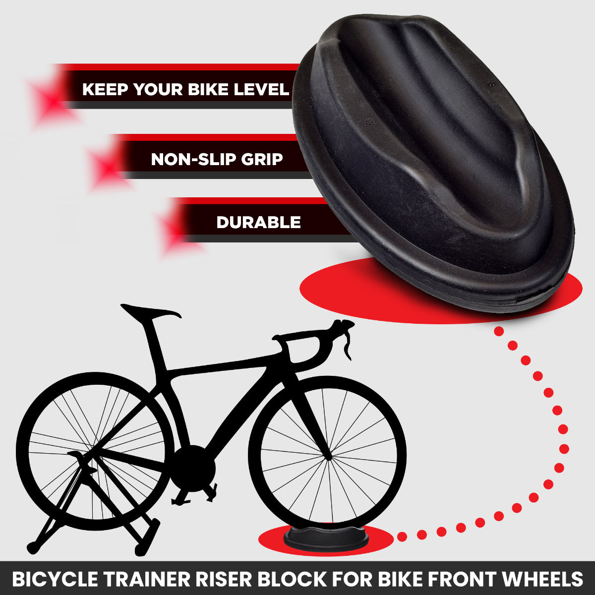 Bicycle Trainer Riser Block for Bike Front Wheels, featuring a black rubber base with four non-slip pads, designed to stabilize the front wheel of a stationary bike for level training sessions.