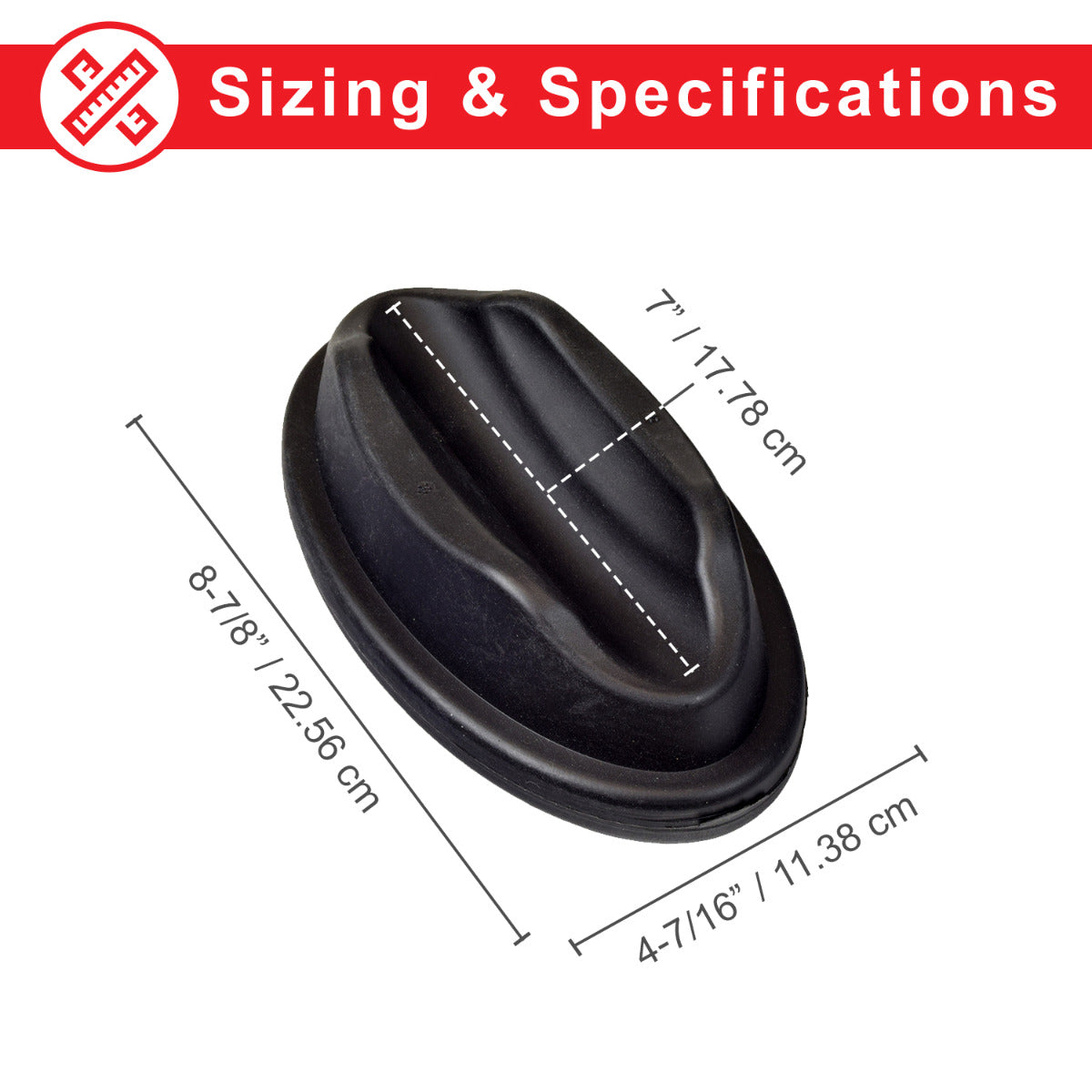 Bicycle Trainer Riser Block for Bike Front Wheels, black oval-shaped with measurements and a measuring tape, designed to level and stabilize the front wheel during training with four non-slip pads.