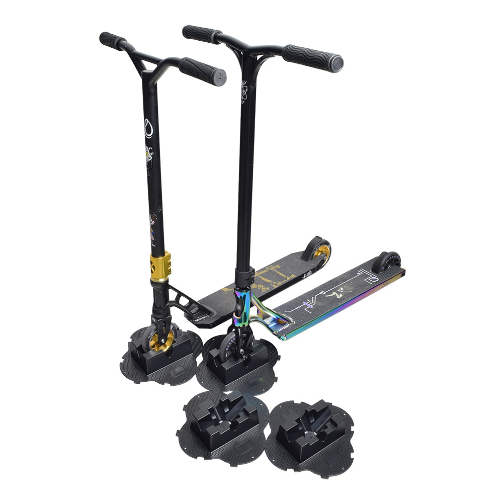 Universal Kick Scooter Stand holding a pair of scooters upright by their wheels, preventing them from leaning on walls. The stand can interlock with others to organize multiple scooters efficiently.