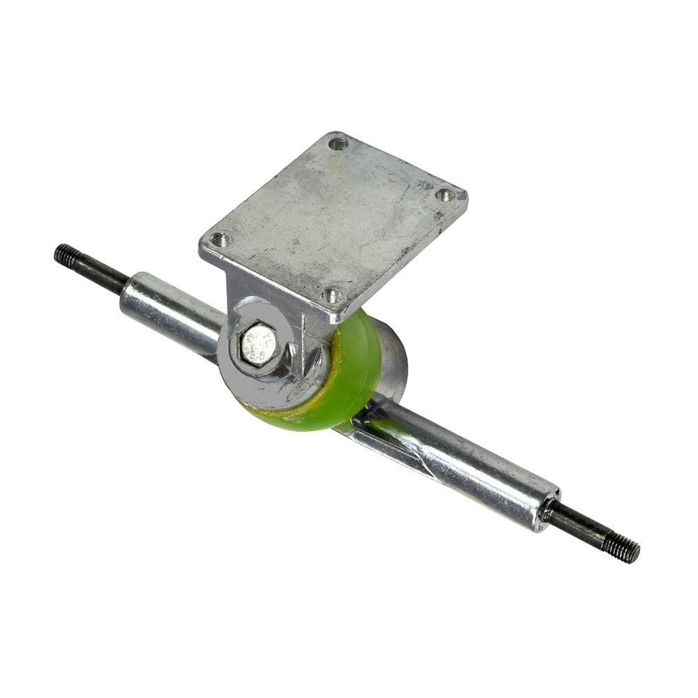 Front Truck & Axle for the Surge Electric Skateboard, featuring a metal and green roller with a screw, ready to mount and includes hanger, baseplate, axle, kingpin, nut, and bushing.