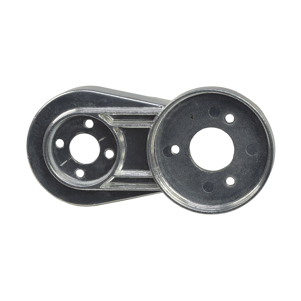 Close-up of the Belt & Sprocket Cover for the Surge Electric Skateboard, showcasing its metal structure with multiple holes and alignment bracket for motor stability.