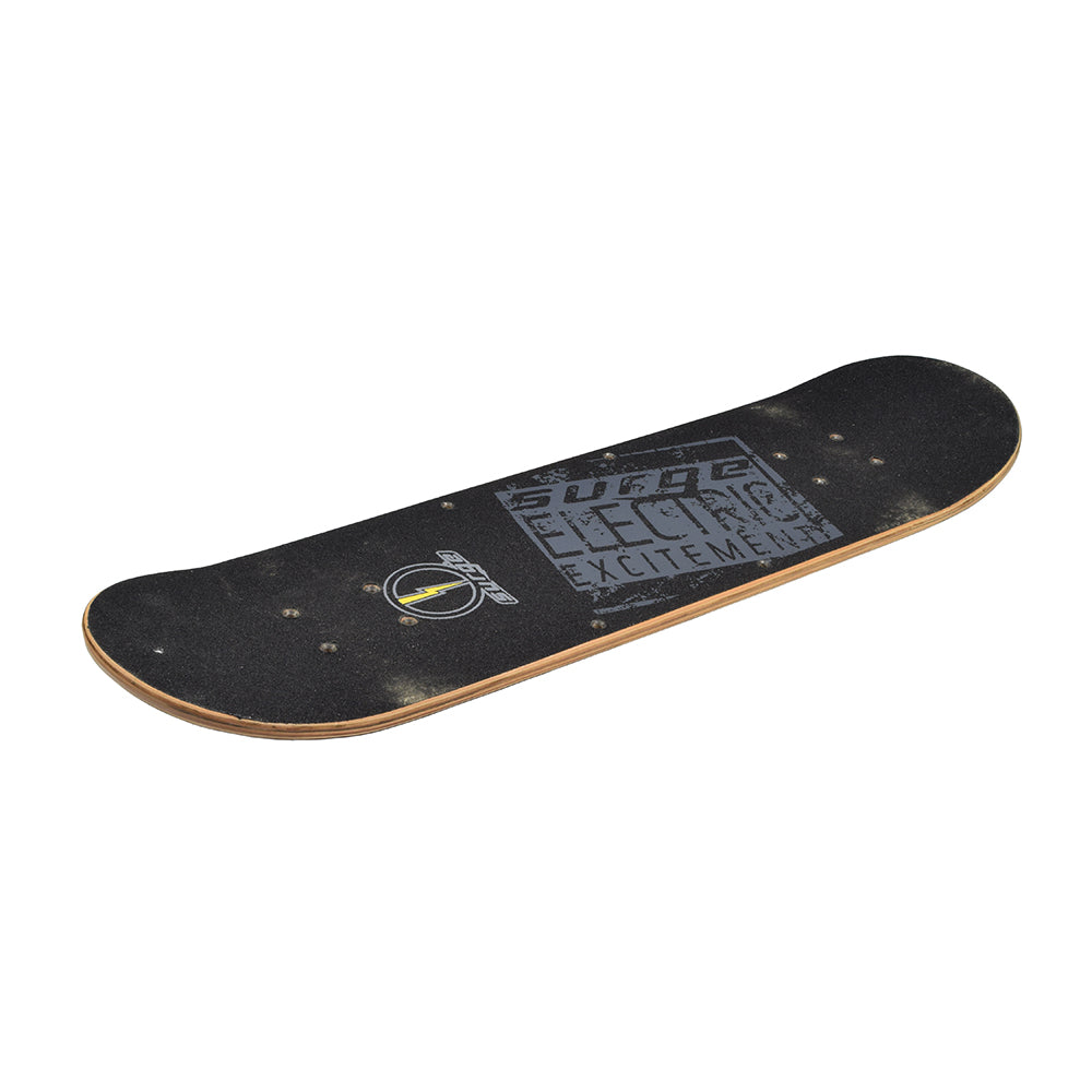 Deck for the Surge Electric Skateboard, featuring a black chassis with grey text, 1/2 thick laminated wood, non-skid surface, and pre-drilled holes for trucks and battery pan.