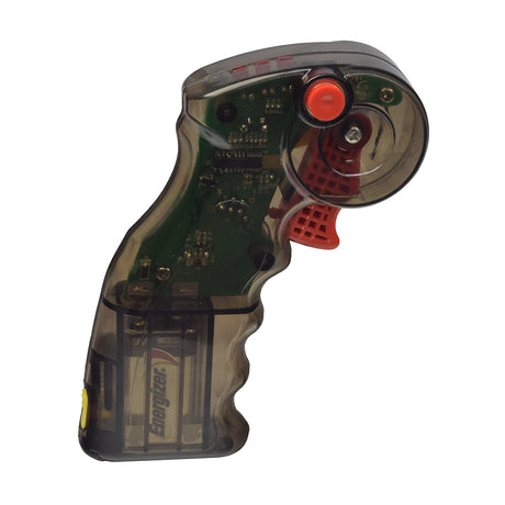 Throttle Hand Remote Control for the Surge Electric Skateboard, shown in a close-up view highlighting the red button, black circle with a white center, and transparent handgrip case.