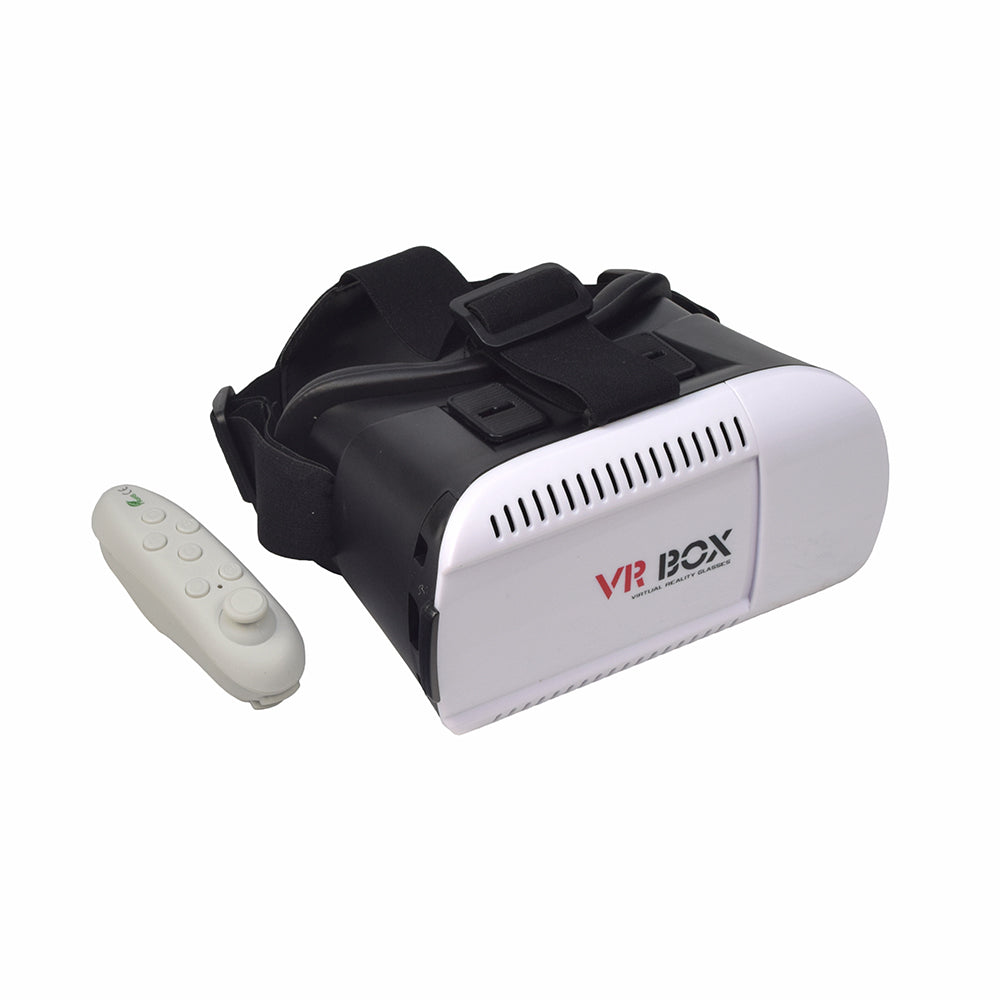 Virtual Reality VR BOX 3D Glasses with Bluetooth Control, featuring a sleek headset and a compact remote for immersive 3D experiences using your smartphone. Ideal for games and movies with Google Cardboard app compatibility.