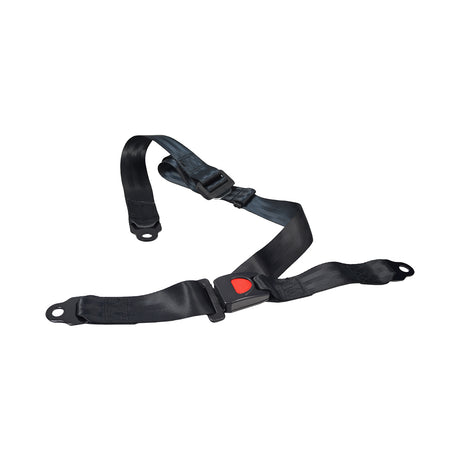 3-Point Seat Belt for Hammerhead Off-Road® Go-Karts featuring a black strap with a red heart-shaped button and an adjustable buckle, ensuring secure and safe rides.