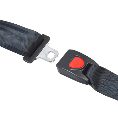 3-Point Seat Belt for Hammerhead Off-Road® Go-Karts shown close-up with black straps and a red release button, emphasizing the adjustable lap and shoulder strap for enhanced rider safety.