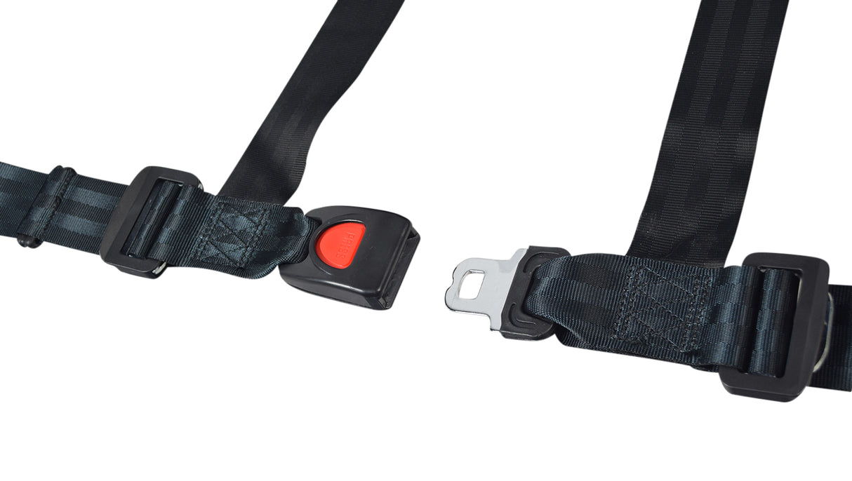 Seat Belt for the Realtree RTK200 196cc Go-Kart featuring a black strap, red push-button release, and adjustable 4-point attachment for enhanced safety. Includes hardware for secure installation.