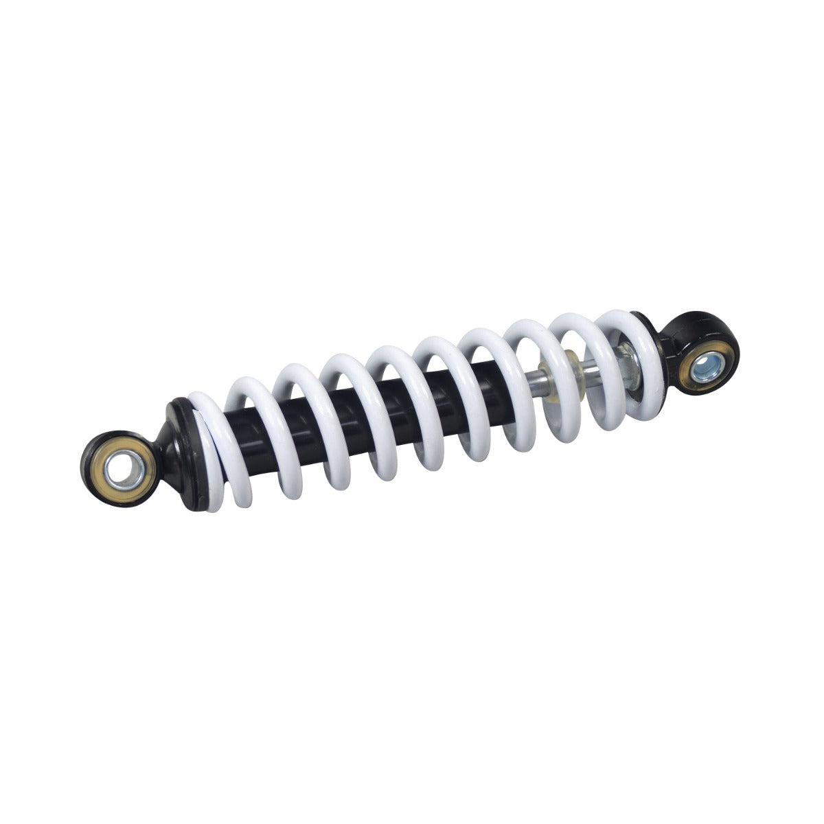 Front Shock for the Realtree RTK200 196cc Go-Kart: Close-up of a black and white coil spring, highlighting its tightly wound metal design essential for a smoother, less jarring ride.