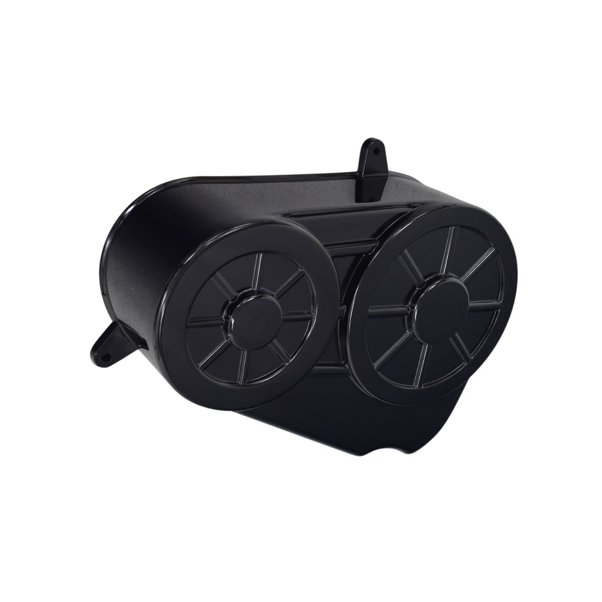 Clutch Cover for the Realtree RTK200 196cc Go-Kart, showcasing a glossy black finish and two prominent circular sections, designed to protect the go-kart's torque converter pulleys and belt.