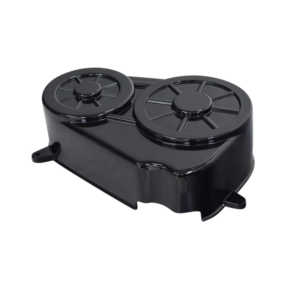 Clutch Cover for the Realtree RTK200 196cc Go-Kart, featuring a black plastic design with two round wheels, protecting the go-kart's torque converter pulleys and belt.