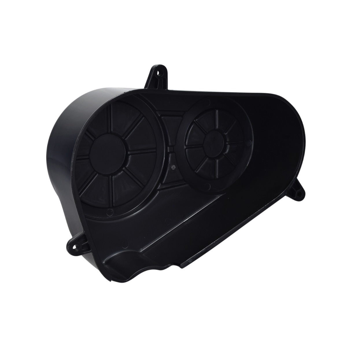 Clutch Cover for the Realtree RTK200 196cc Go-Kart: A glossy black plastic cover with two round holes, designed to protect the go-kart's torque converter pulleys and belt.