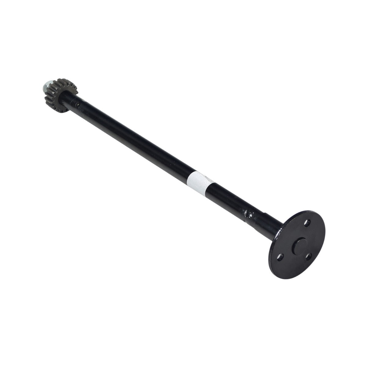 Steering Shaft for the Realtree RTK200 196cc Go-Kart, featuring a black metal rod with a white label, a splined and threaded lower end, and an 18 tooth sprocket.