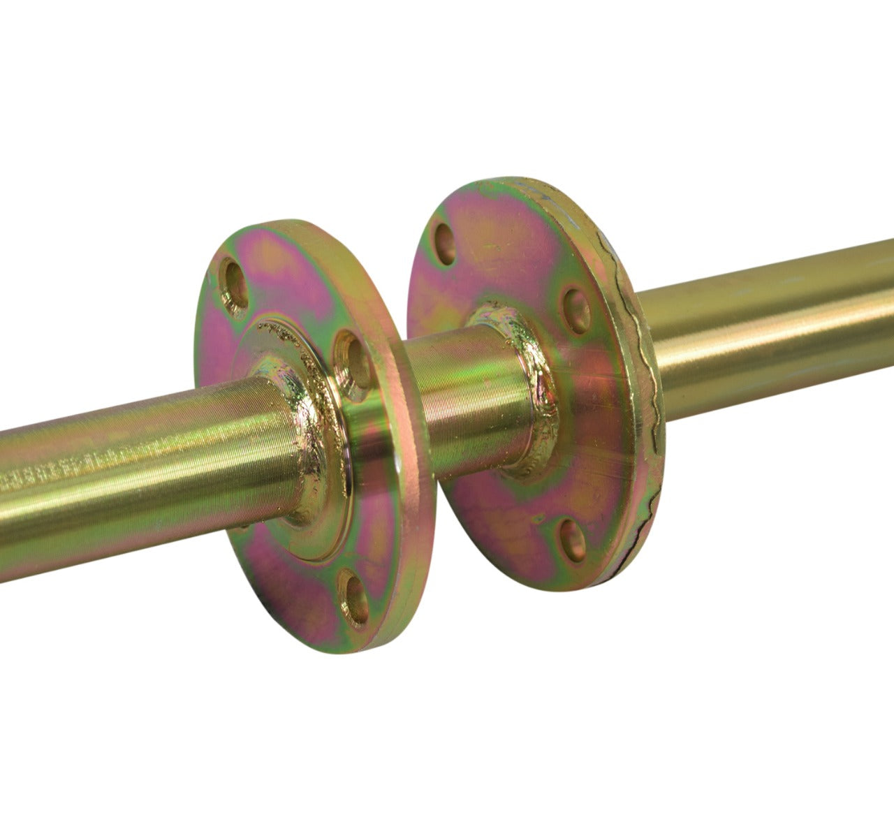 Rear Axle for the Realtree RTK200 196cc Go-Kart: A metal rod with threaded, splined ends, drilled for cotter pins, and featuring two 3.36 flanges, shown in a close-up image.