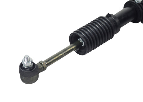 Steering Gear Assembly for the Realtree RTK200 196cc Go-Kart: Close-up of black metal rods, rubber tubes, and screws, showcasing the durable steel components including tie rods, steering gearbox, ball joints, and protective rubber boots.