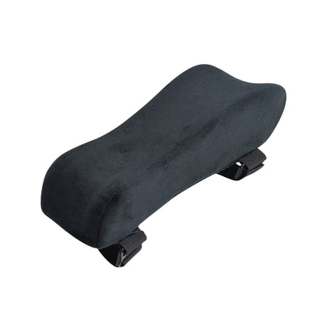 Black Memory Foam Curved Armrest Pads for Wheelchairs, Power Chairs, & Scooters (Set of 2) featuring black velvet fabric and hook & loop straps for secure attachment.