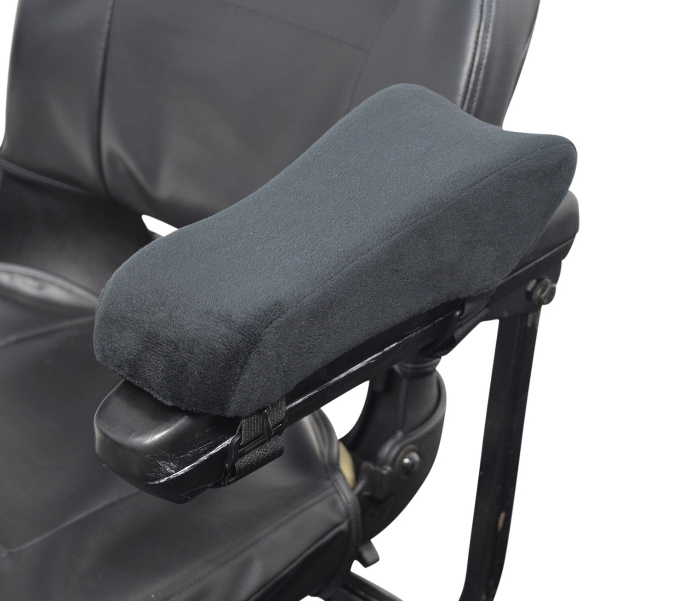 Black Memory Foam Curved Armrest Pads for Wheelchairs, Power Chairs, & Scooters (Set of 2) shown as black velvet-covered pads with hook & loop straps for easy attachment.