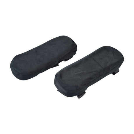 Desk Length Memory Foam Armrest Pads for Wheelchairs, Power Chairs, & Scooters (Set of 2) showing black cotton-covered pads with anti-slip bottoms and hook & loop straps for secure attachment.