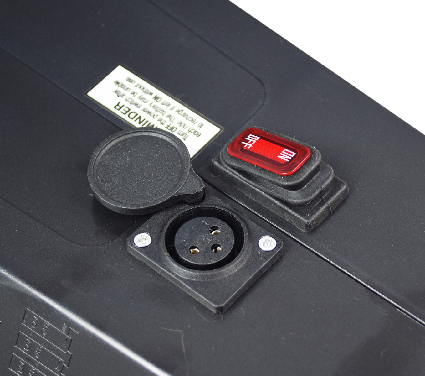 Battery Cover Assembly with Charger Port for the Razor Rambler 16 Electric Mini Bike, showing a close-up of the black plastic cover with an On/Off switch, XLR charger port, and Rambler 16 graphics.