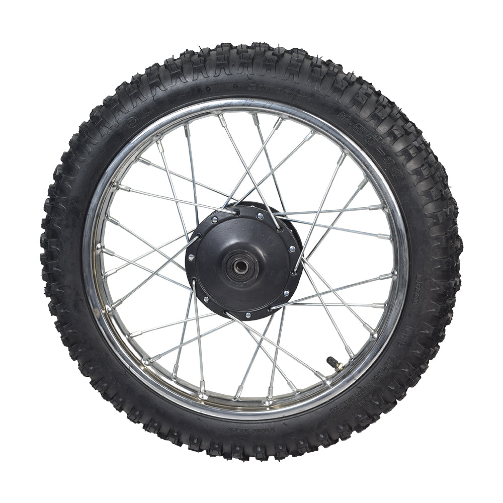 14 (2.50-14) Front Wheel Assembly for Dirt Bikes, showing a close-up of the knobby tire, rim, spokes, and wheel bearings.