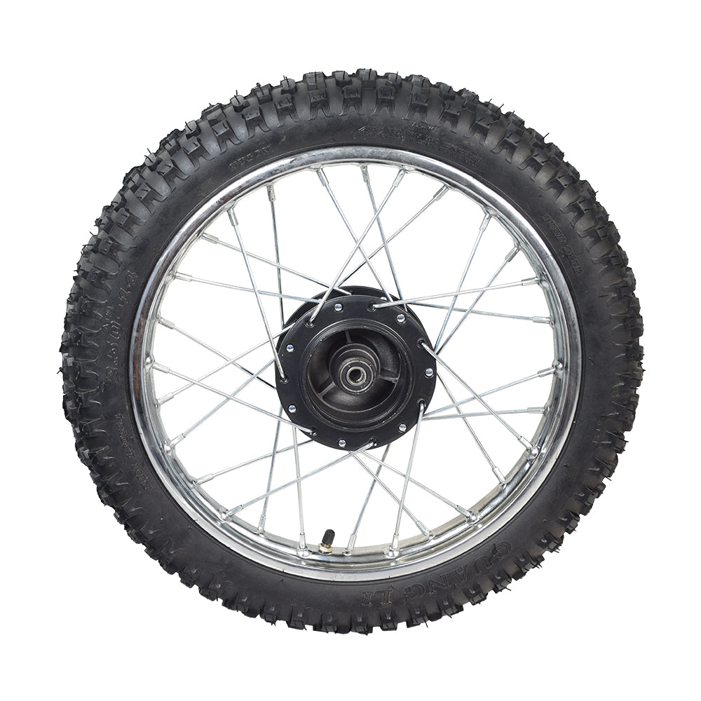 Close-up of the 14 (2.50-14) Front Wheel Assembly for Dirt Bikes, featuring a knobby tire, spokes, rim, and wheel bearings, suitable for 50cc, 70cc, & 90cc Chinese dirt bikes.