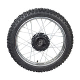 Close-up of the 14 (2.50-14) Front Wheel Assembly for Dirt Bikes, featuring a knobby tire, spokes, rim, and wheel bearings, suitable for 50cc, 70cc, & 90cc Chinese dirt bikes.