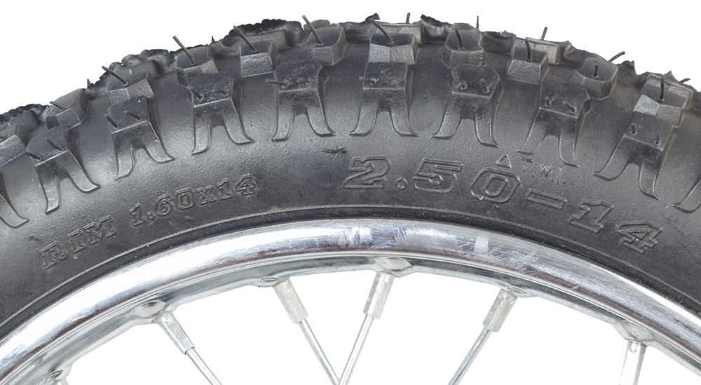 Close-up of a 14 front dirt bike wheel assembly with knobby tire, inner tube, and wheel bearings, suitable for many 50cc, 70cc, and 90cc Chinese dirt bikes.