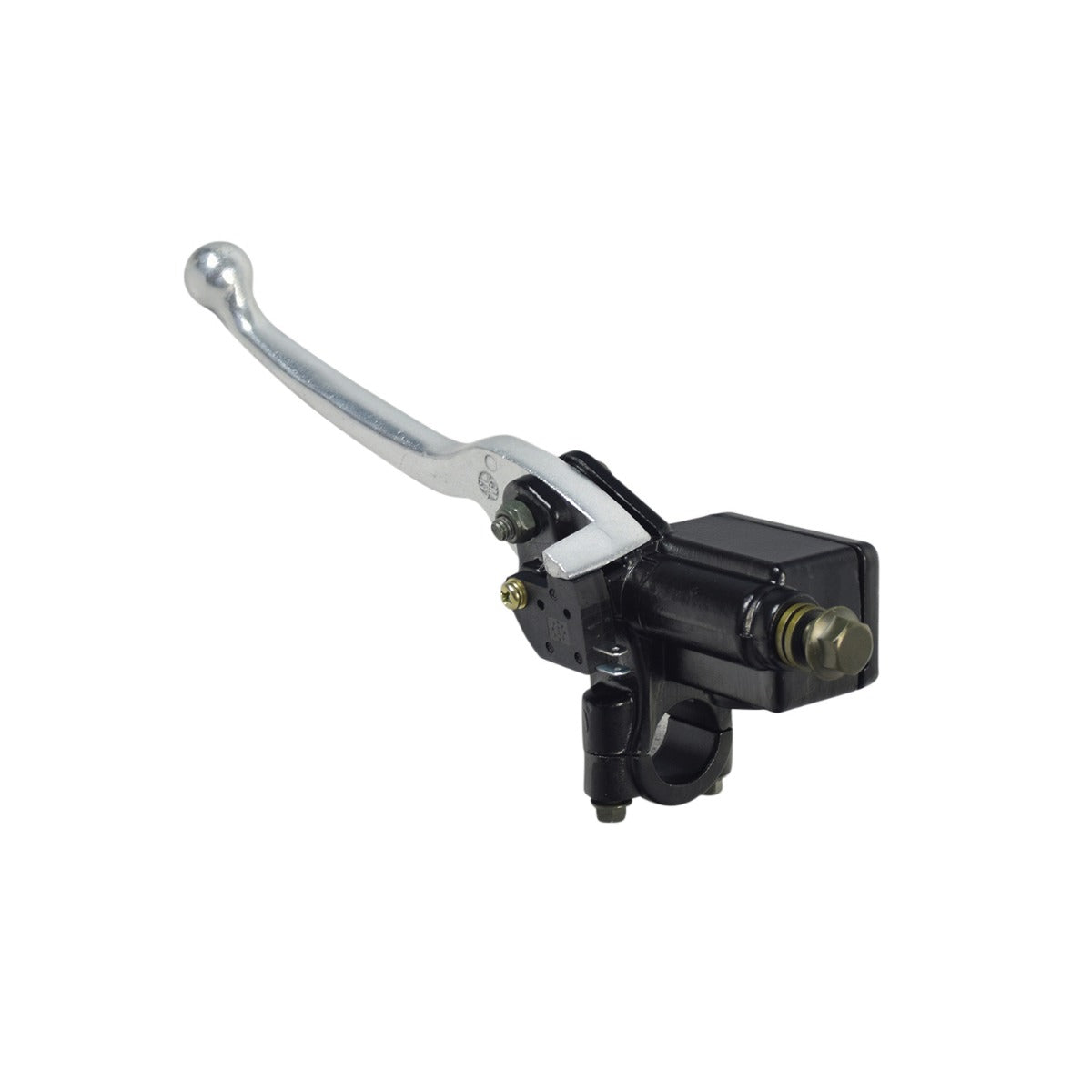 Right Side Chrome Brake Lever & Master Cylinder Assembly with Brake Light Switch for Scooters, featuring a black and silver metal lever, close-up details of screws, and master cylinder components.