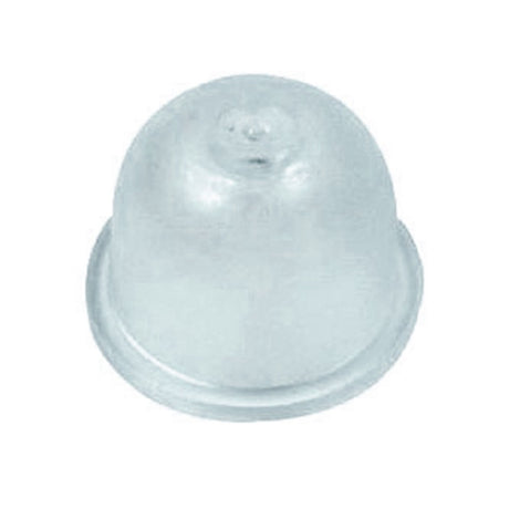 Clear Carburetor Primer Bulb for 33cc, 49cc, & 52cc Engines, shown as a small, clear plastic cup with a round top, essential for various small gasoline engines like scooters and lawn equipment.