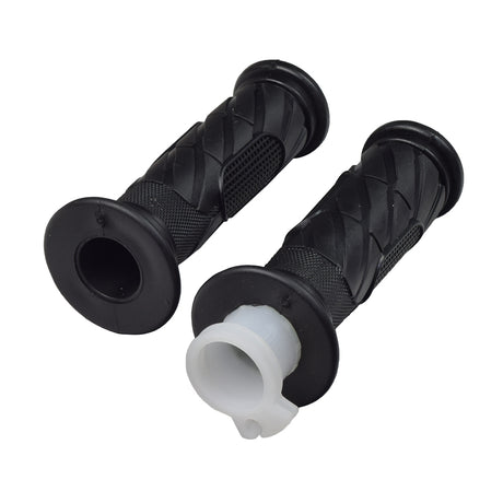 DLX Style Handlebar Grip Set for 50cc, 125cc, or 150cc scooters: a pair of black handlebars with a textured grip, featuring close-up views of the handle and a white plastic ring.