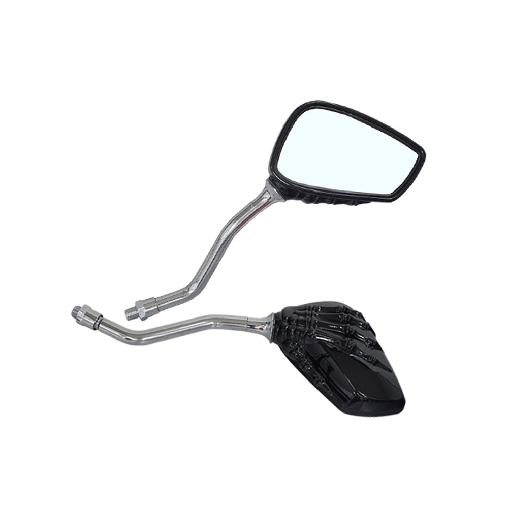 Skeleton Claw Mirror Set featuring a pair of motorcycle side view mirrors with intricate skeleton hand designs gripping the mirror frames.