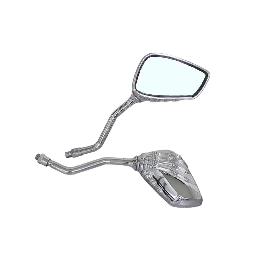 Skeleton Claw Mirror Set featuring a pair of scooter mirrors with skeletal hand designs, includes adapters for various handlebars.