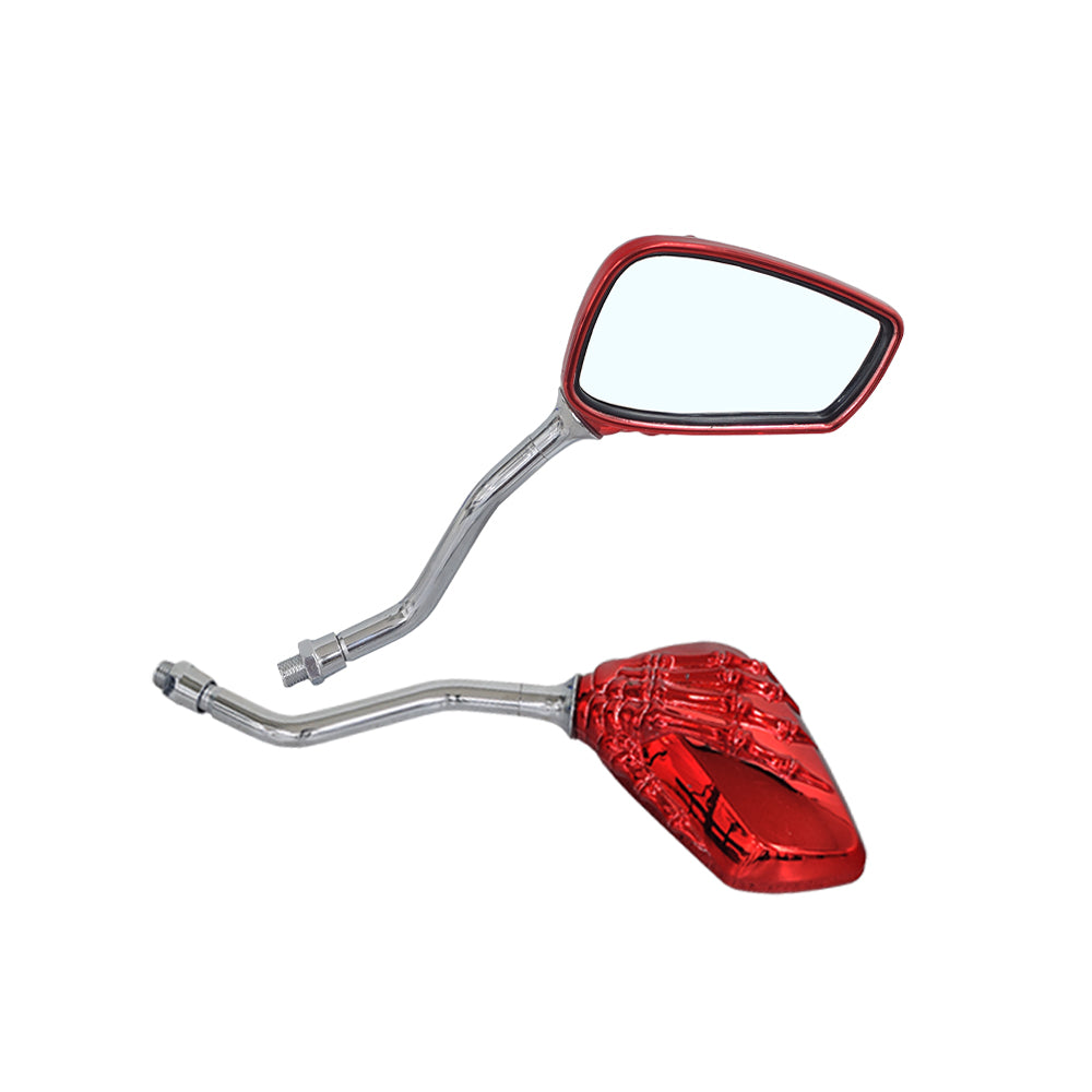 Skeleton Claw Mirror Set featuring a red skeleton hand gripping a side mirror, designed for scooters and bikes, includes screw thread adapters for easy installation on various handlebars.