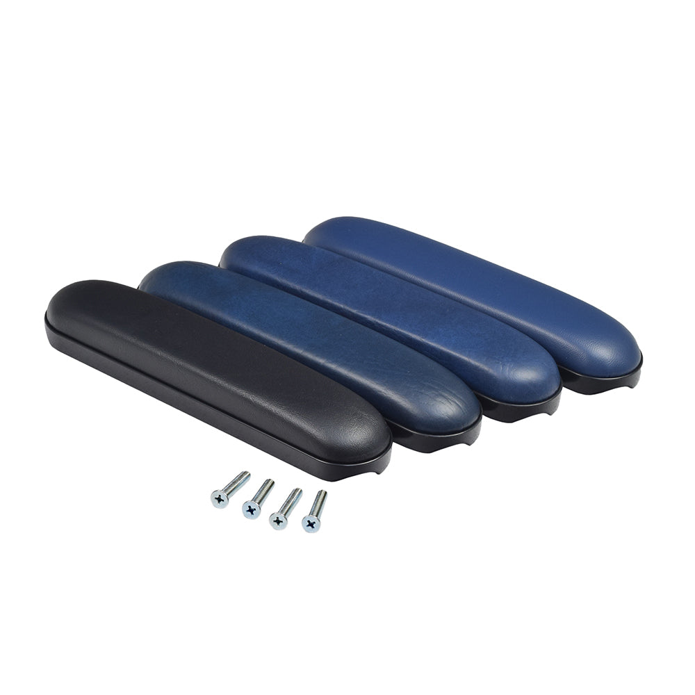 Black 10 Desk Length Padded Vinyl Armrest for Wheelchairs (Set of 2) shown in close-up, highlighting the blue and black padded surfaces with multiple mounting holes for easy attachment.