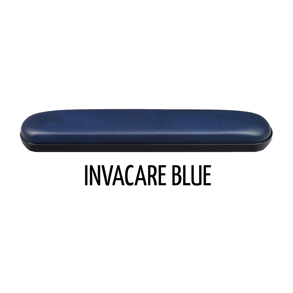 14 Full Length Padded Vinyl Armrest for Wheelchairs (Set of 2) shown with a blue case and black lid, highlighting the armrest's smooth leather surface and mounting holes.