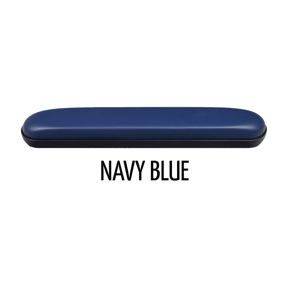 Navy Blue 14 Full Length Padded Vinyl Armrest for Wheelchairs, featuring a blue rectangular pad with black edges and a black base, compatible with various Invacare wheelchairs.